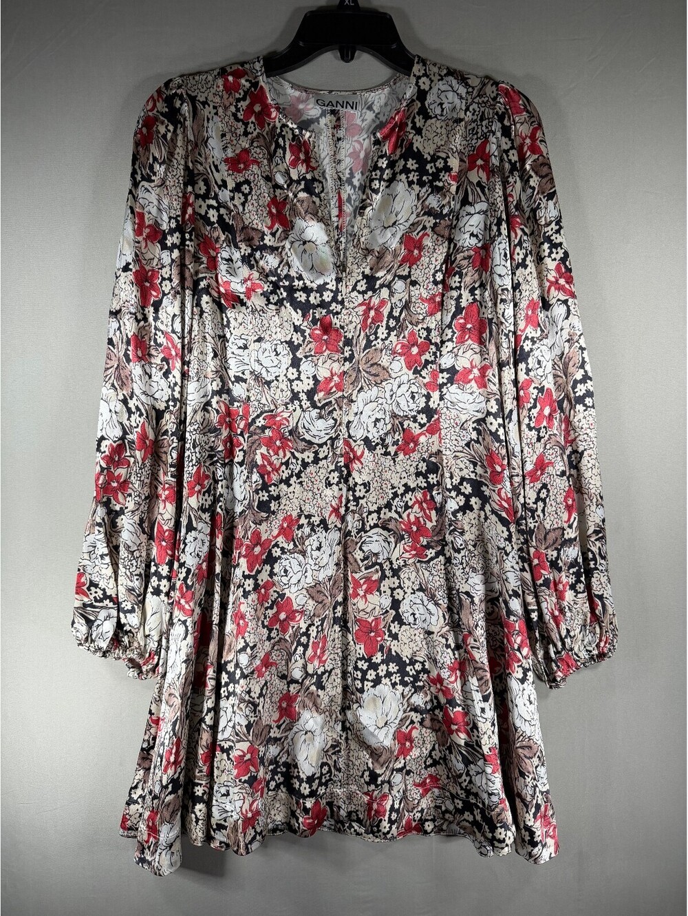 Ganni Floral Long Sleeve Front Zip Mini Dress US Size 2 Silky Boho Chic